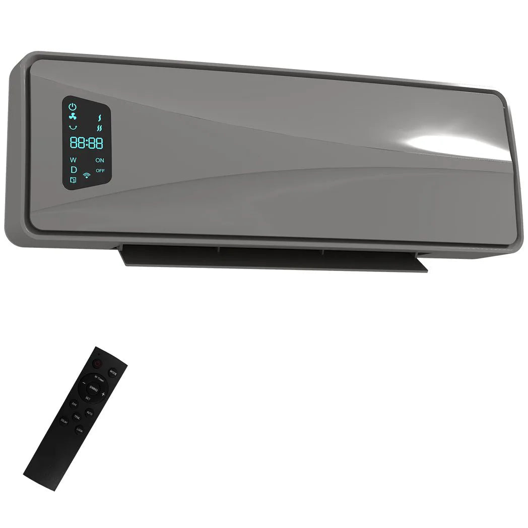HOMCOM 2000W Wall-Mounted Ceramic Electric Heater with Oscillating Fan, Thermostat and Remote – Timer Room Heater, Grey