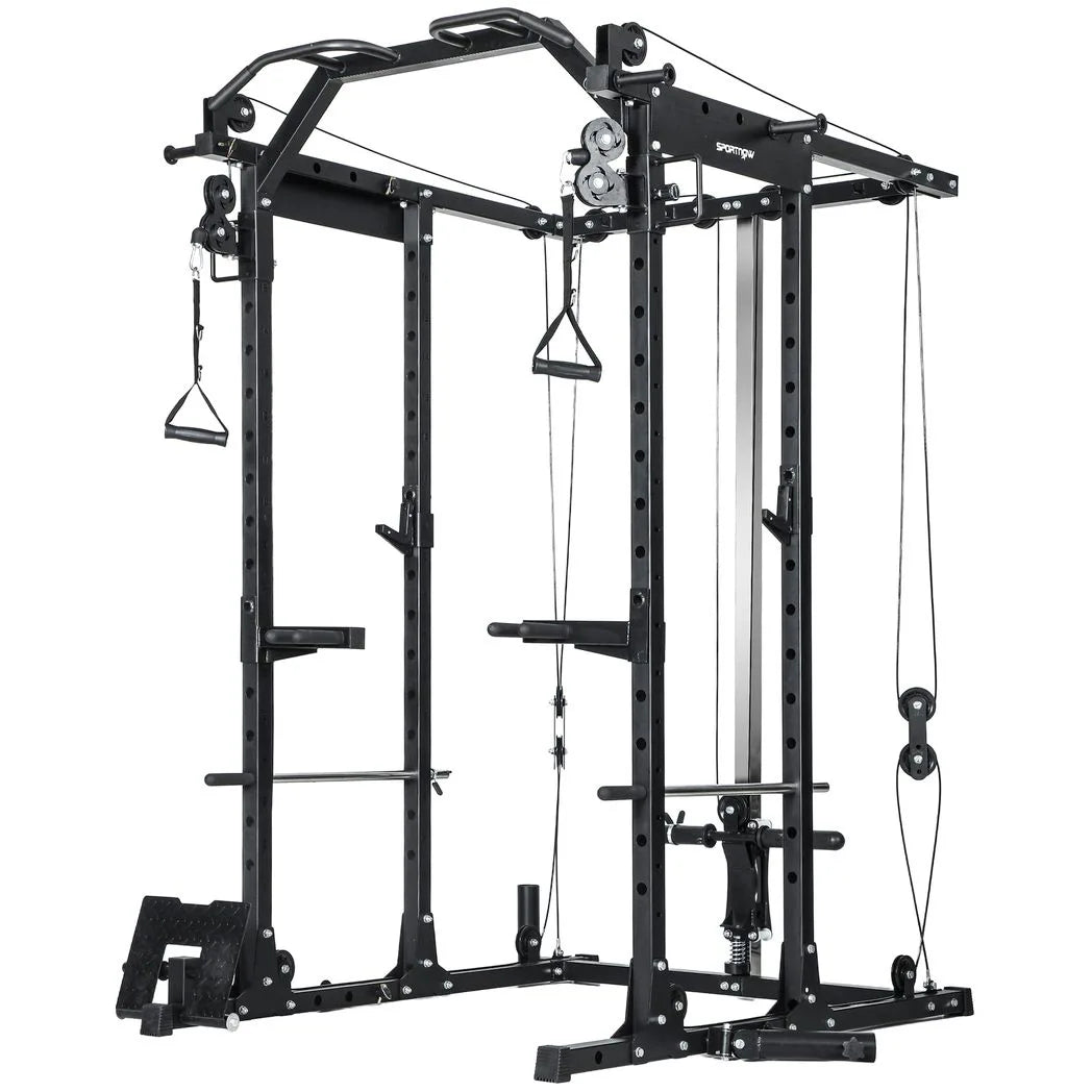 SPORTNOW Cable Crossover Machine with Lat Pull-Down, Pull-Up Station & Barbell Rack – Home Multi Gym