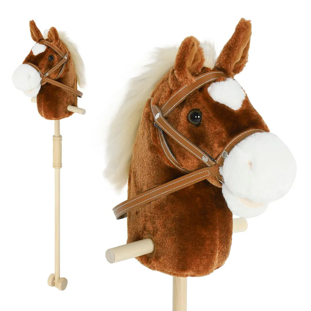 AIYAPLAY Stick Horse with Wooden Wheels, Galloping and Neighing Sounds, Grip Handle – 95 cm, Brown