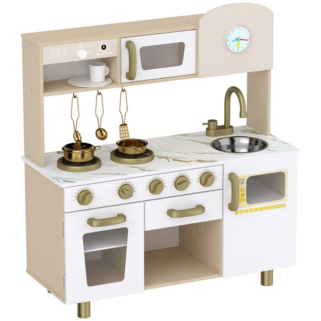 AIYAPLAY Play Kitchen with Rotating Coffee Machine, Stove and Storage Shelf – Kids Playset, Ages 3-6, White