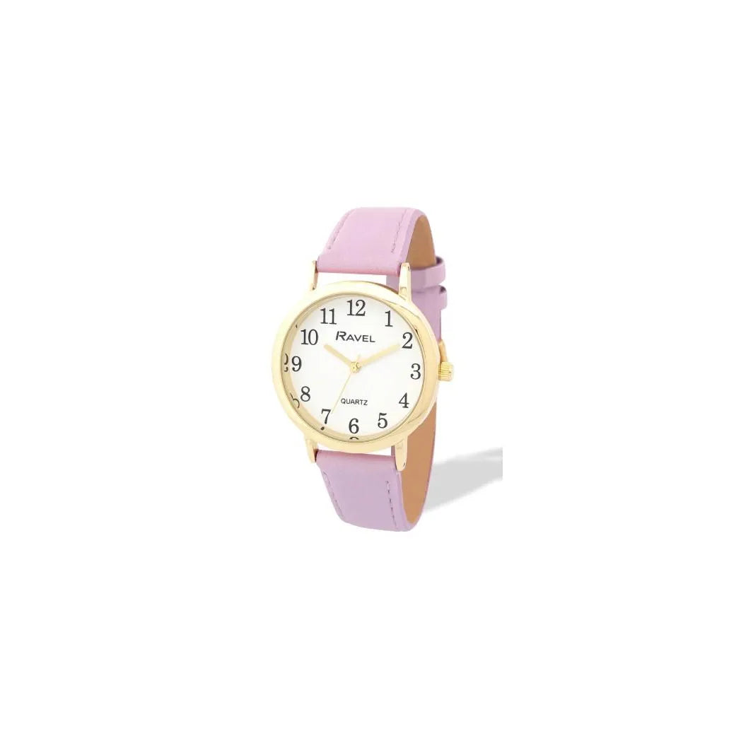 Ravel Ladies Gold-Tone Watch with White Dial and Purple Faux Leather Strap, Medium Case