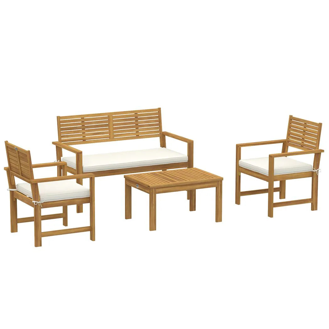 Outsunny 4 Seater Acacia Wood Garden Furniture Set with Loveseat, Armchairs, Table & Cushions – Garden Sofa Set, Cream White
