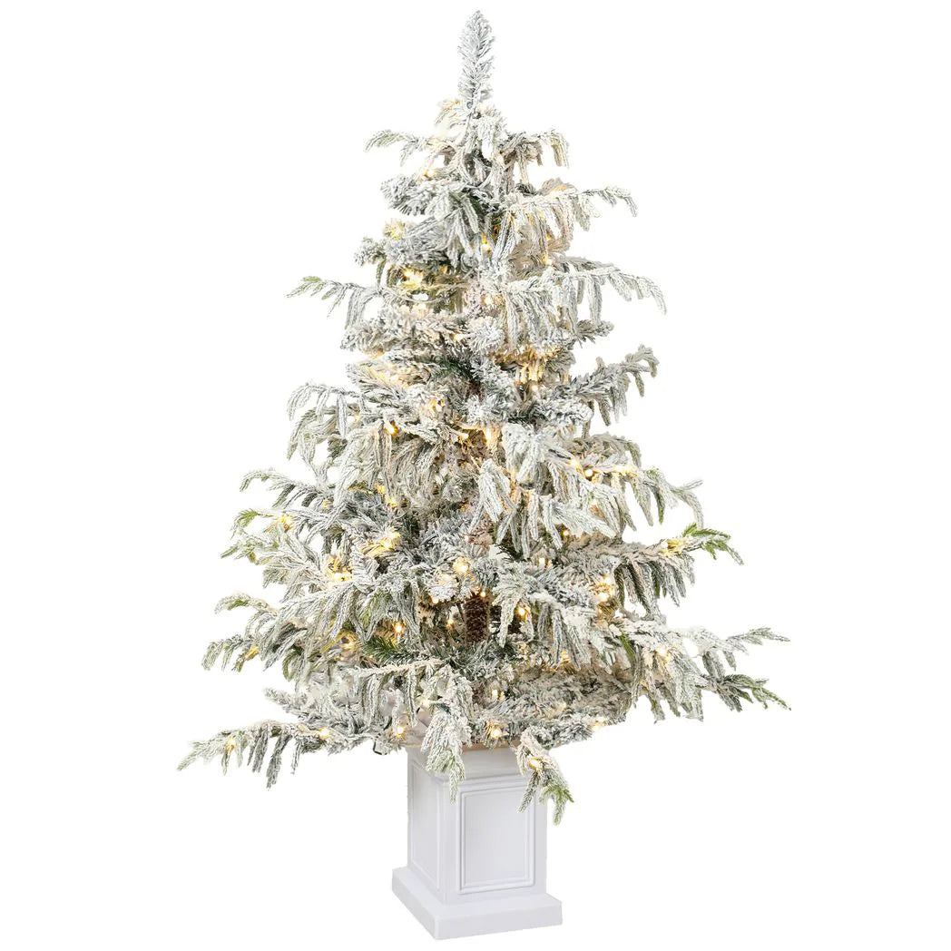 HOMCOM 4ft Pre-Lit Flocked Christmas Tree with 160 Warm White LEDs and 8 Modes – Snow Spruce, Green