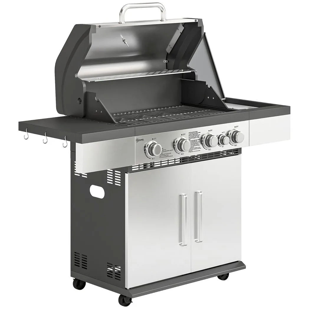 Outsunny 4 Burner Gas BBQ Grill with Side Burner, Warming Rack, Side Shelf & Storage Cabinet – Portable Propane Barbecue