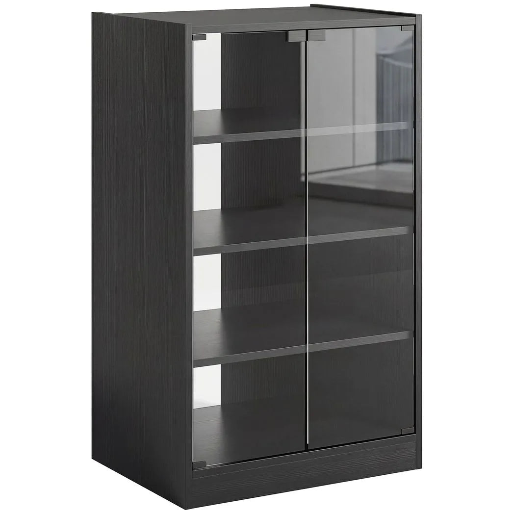 HOMCOM 4-Tier Hi-Fi Stand with Push-to-Open Glass Doors and Adjustable Shelves – Record Player Stand, Black Wood-Effect