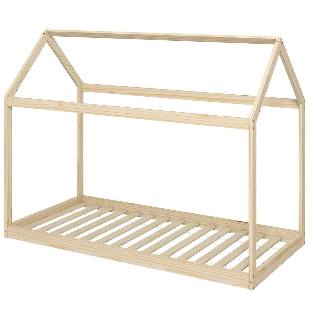 HOMCOM Single House-Shaped Pine Bed Frame for 90 x 190 cm Mattress – Scandinavian Style, Natural