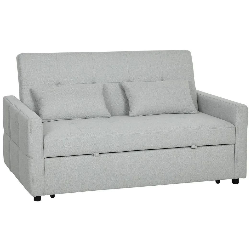 HOMCOM Three-Way Two-Seater Sofa Bed with Click-Clack Reclining Back – Linen-Look Loveseat, Light Grey