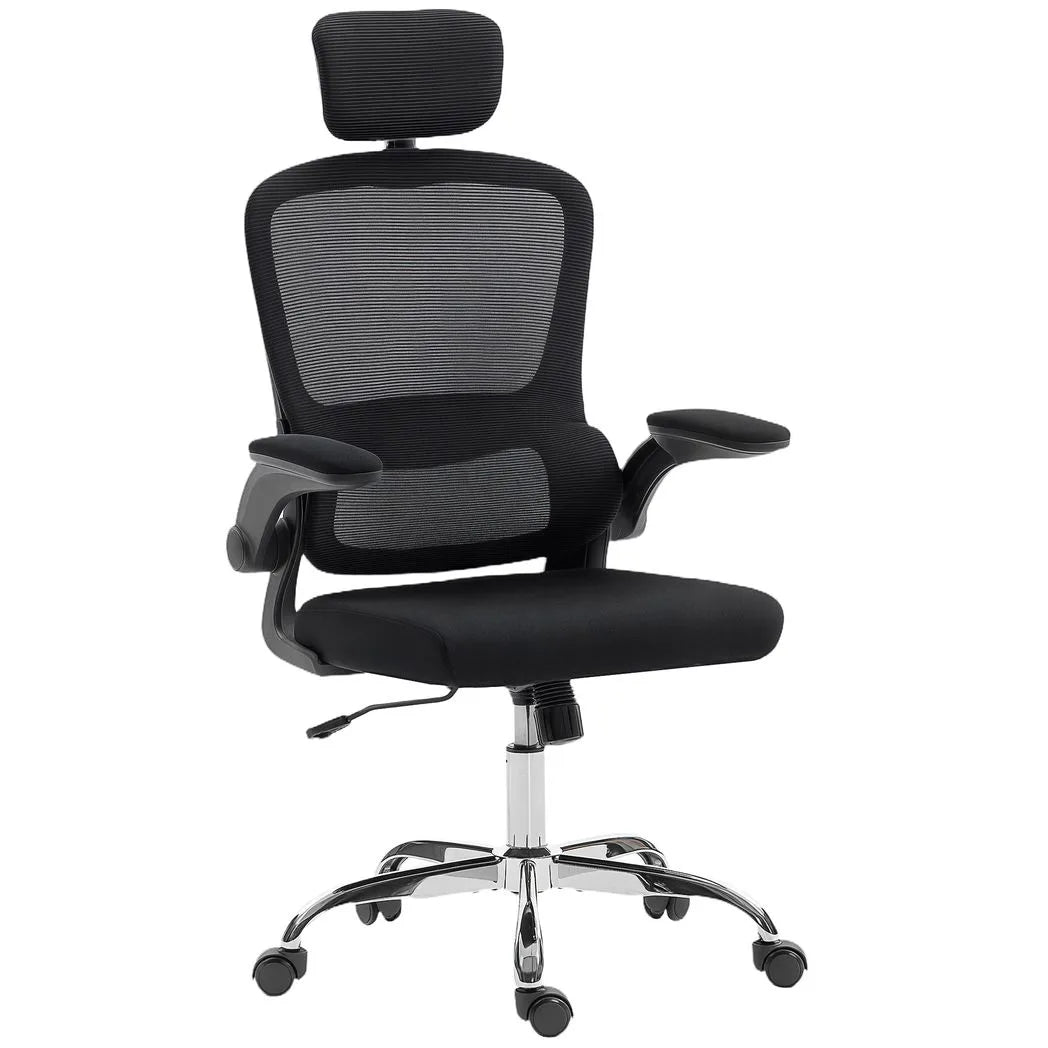 HOMCOM Mesh Back Office Chair with Lumbar Support, Flip-Up Armrests & Rocking – Desk Chair, Black