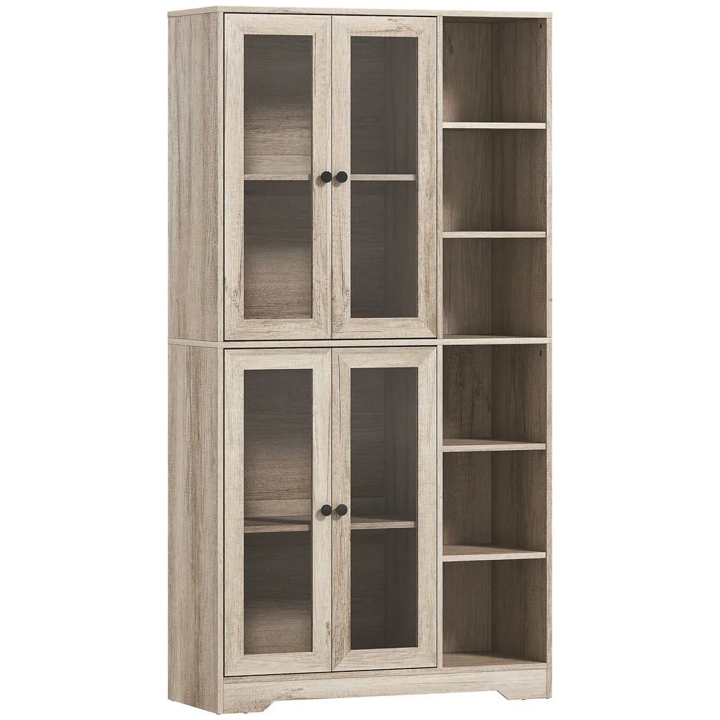 HOMCOM Multi-Storage Kitchen Cabinet with Glass Doors, Soft-Close Hinges and Adjustable Shelves – Grey Wood-Effect