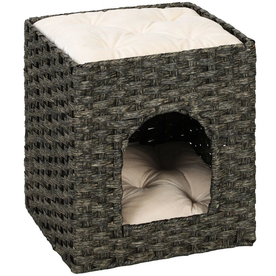 PawHut 2-Tier Wicker Cat House with Cushion – Handwoven Rattan Indoor Cat Bed, Grey