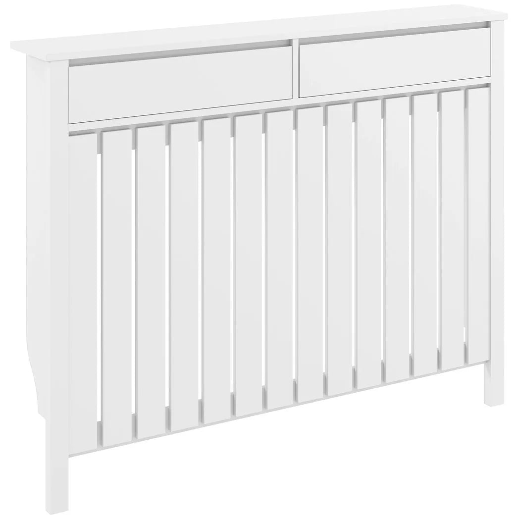 HOMCOM Rustic-Look Radiator Cover with Top Drawers and Slats, 93 x 119cm – Slimline Heater Cabinet, White