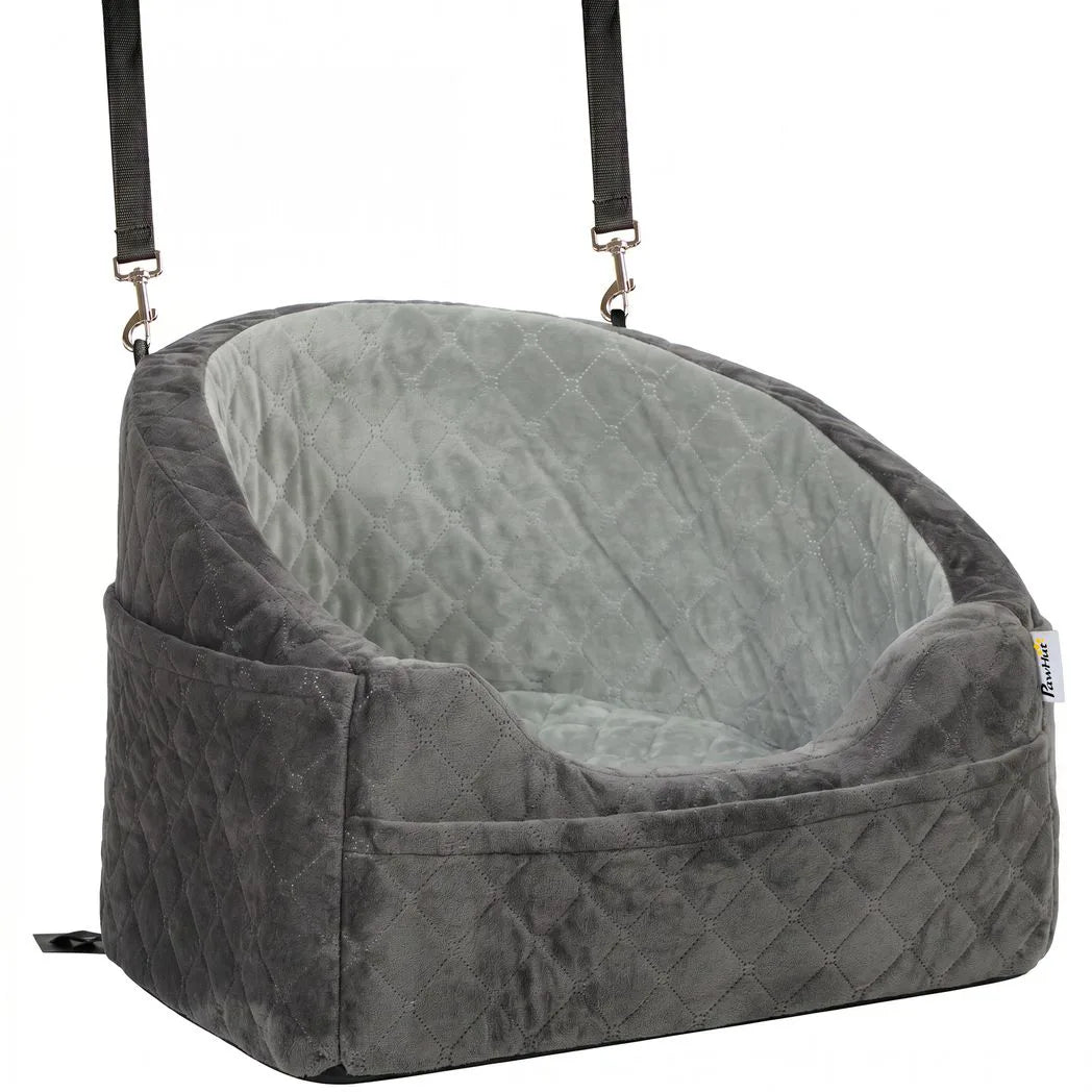 PawHut Dog Car Booster Seat with Thick Cushion, Seat Belt and Pockets – Small Dogs Under 10 kg, Grey