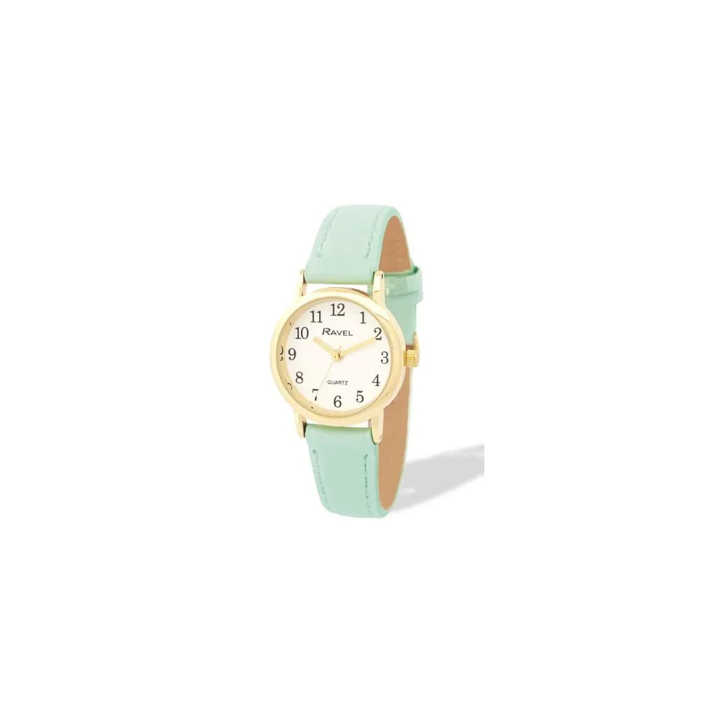 Ravel Ladies Classic Watch – 27mm Polished Gold Case, Mint Green Strap, Japan Quartz, R0137.31.2
