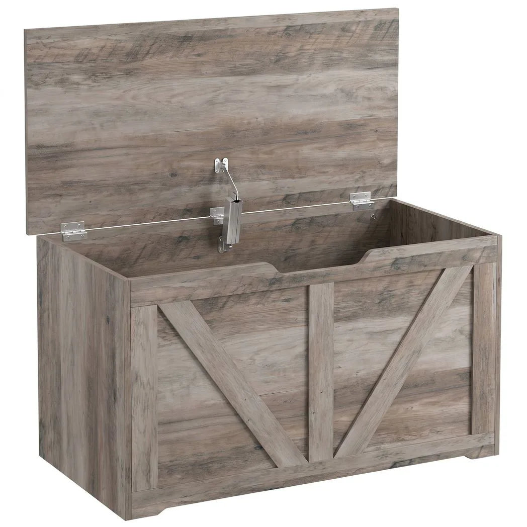 HOMCOM 100L Storage Box with Safety Hinge – Seat Top Storage Chest and Bench, Grey Wood-Effect