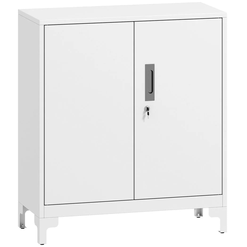 HOMCOM Lockable Metal Filing Cabinet with 2 Shelves, Double Doors & Anti-Tip Straps – Office Storage, White