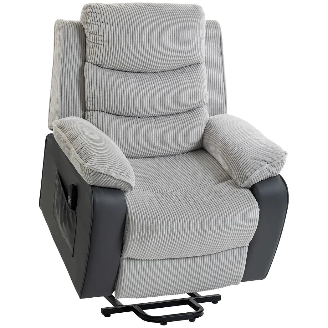 HOMCOM Electric Power Lift Recliner Chair with Footrest, USB Port & Side Pockets – Corduroy Riser Chair for Elderly, Light Grey
