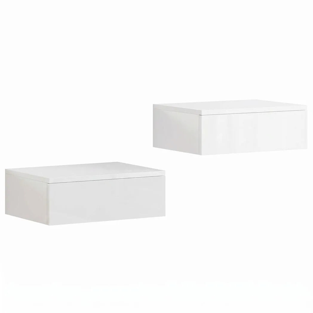 HOMCOM Set of 2 Floating Bedside Tables with High Gloss Finish and Storage Drawer – Wall-Mounted, White