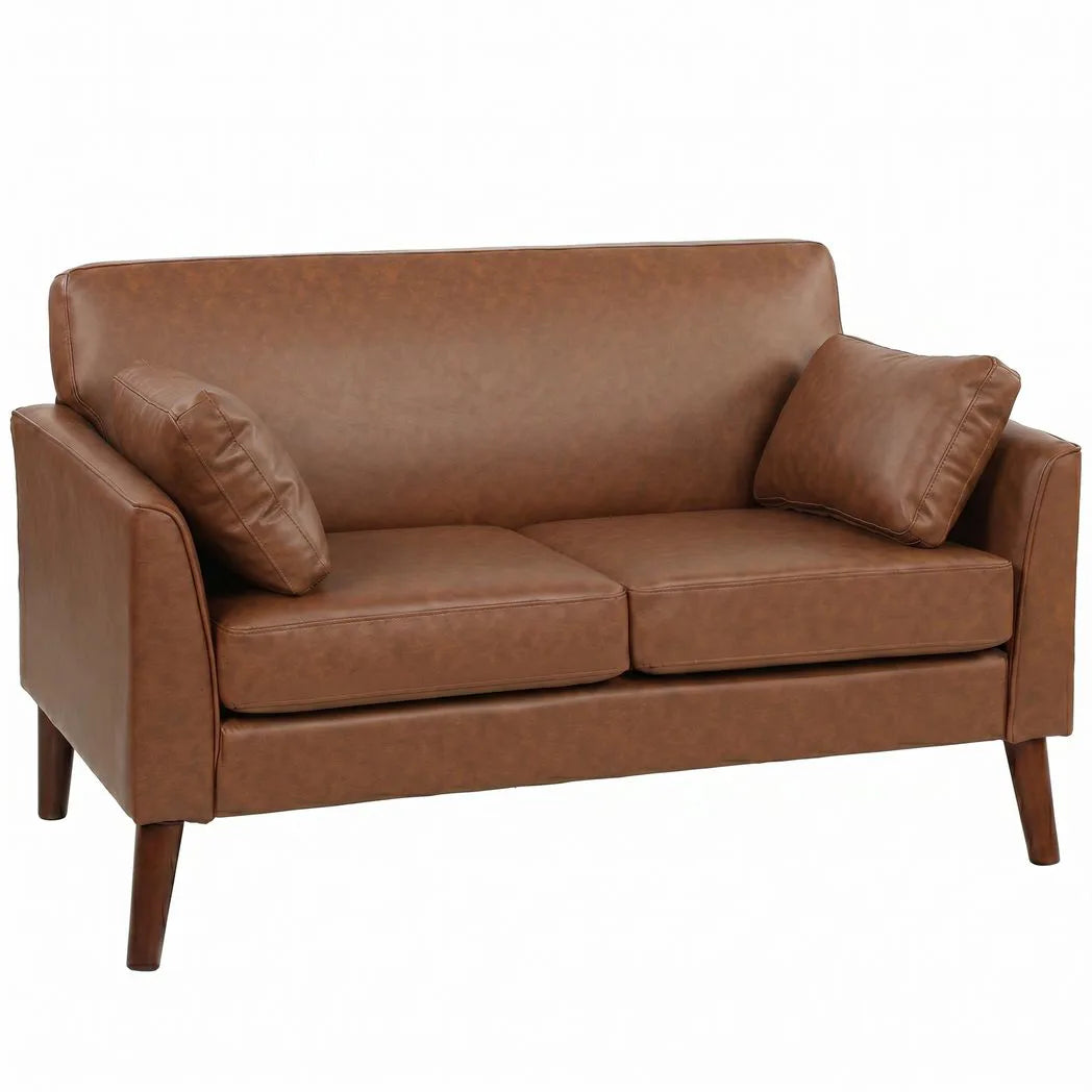 HOMCOM 2 Seater Sofa, 132 cm Small Loveseat with Solid Wood Legs and 2 Pillows – PU Leather Couch for Small Spaces, Brown