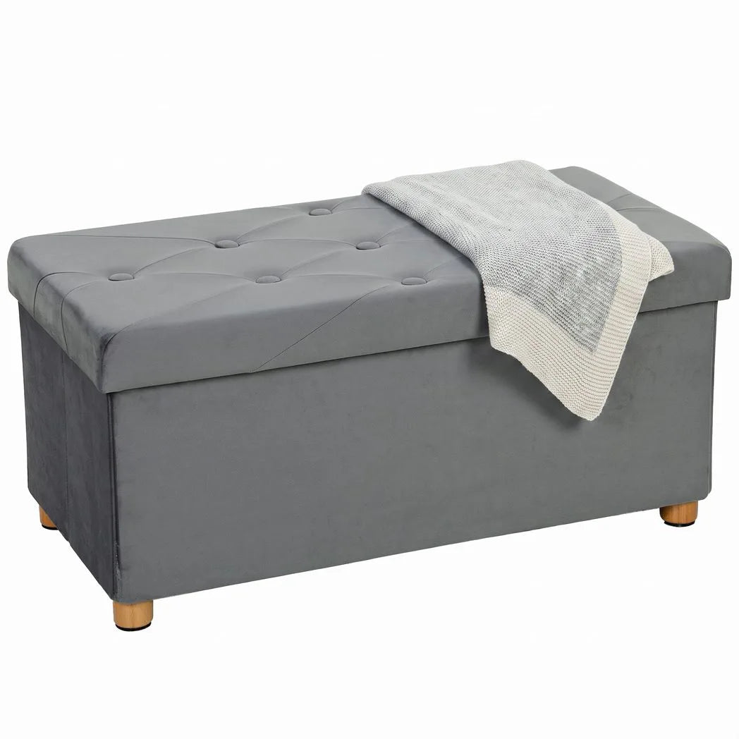 HOMCOM Velvet Upholstered Foldable Storage Ottoman Bench with Wood Legs, 67L – Footrest for Living Room, Grey