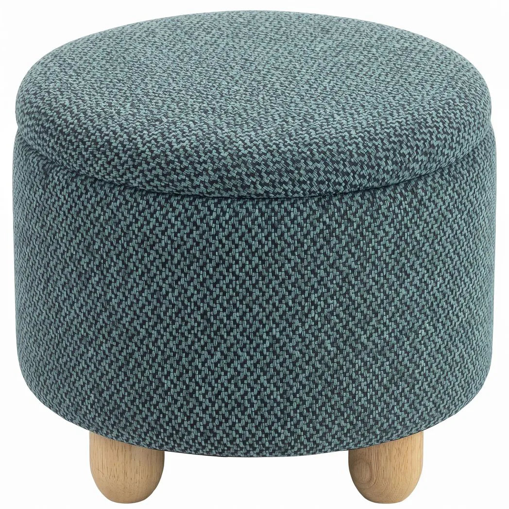 HOMCOM Round Storage Ottoman Bench with Reversible Lid and Rubberwood Legs, 19L – Footstool, Dark Blue