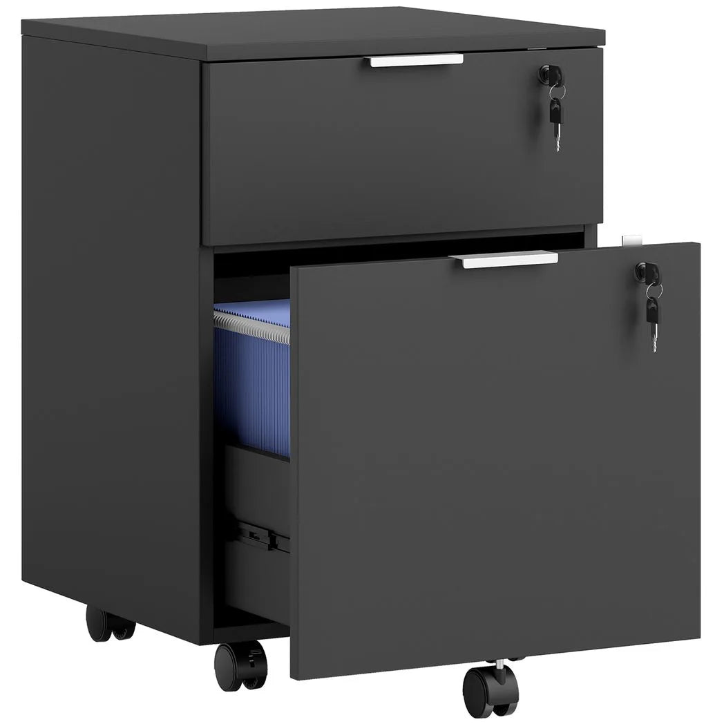 HOMCOM Two-Drawer Lockable Filing Cabinet with Wheels and Brakes – Under Desk Office Storage, Black