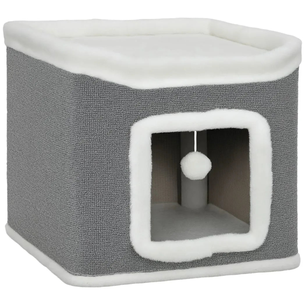 PawHut 2-Level Cat House with Top Bed and Fluffy Balls – Cosy Indoor Cat Cave for Kittens, Grey