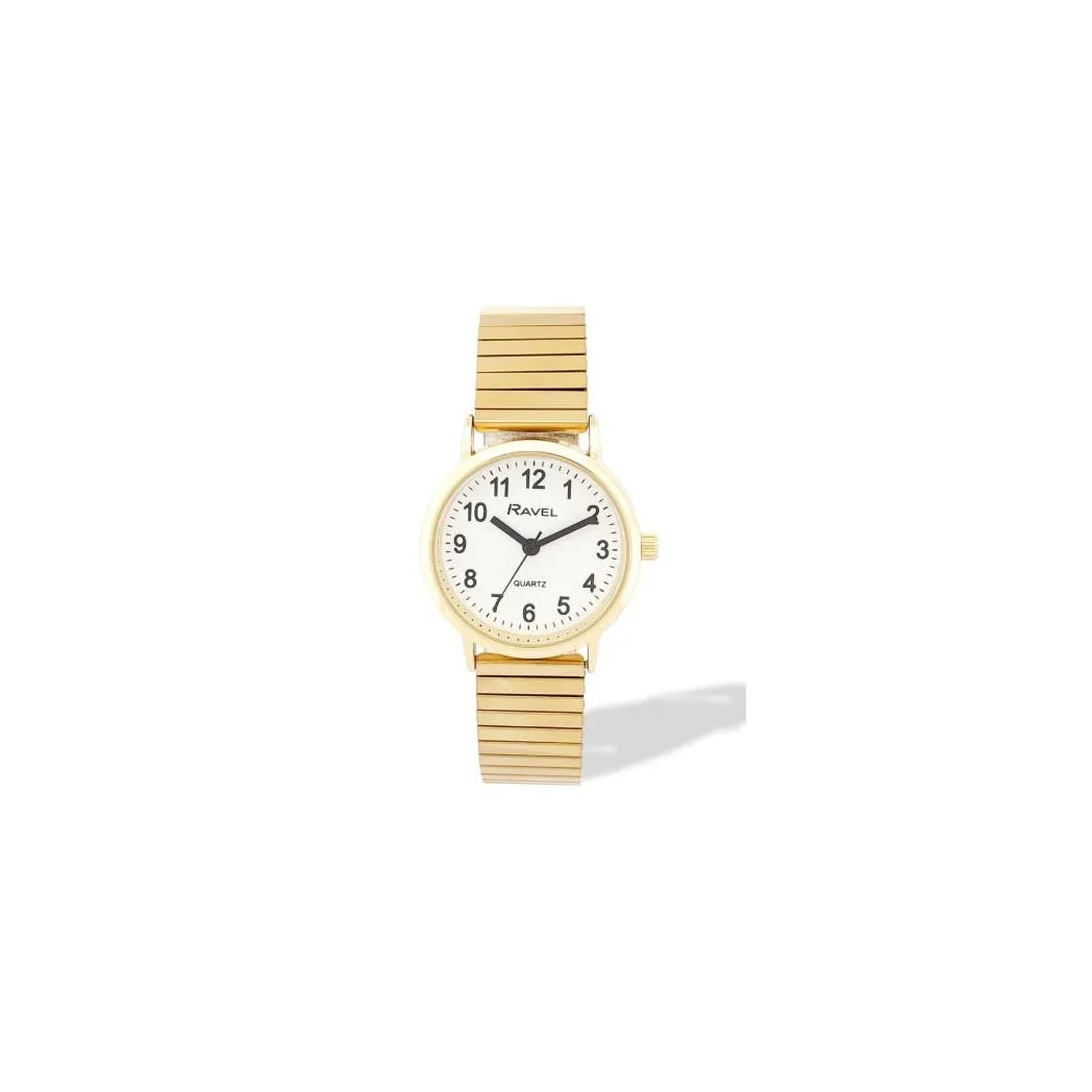 Ravel Ladies Everyday White Dial Watch with Gold-Tone Stainless Steel Expander Bracelet, 27mm