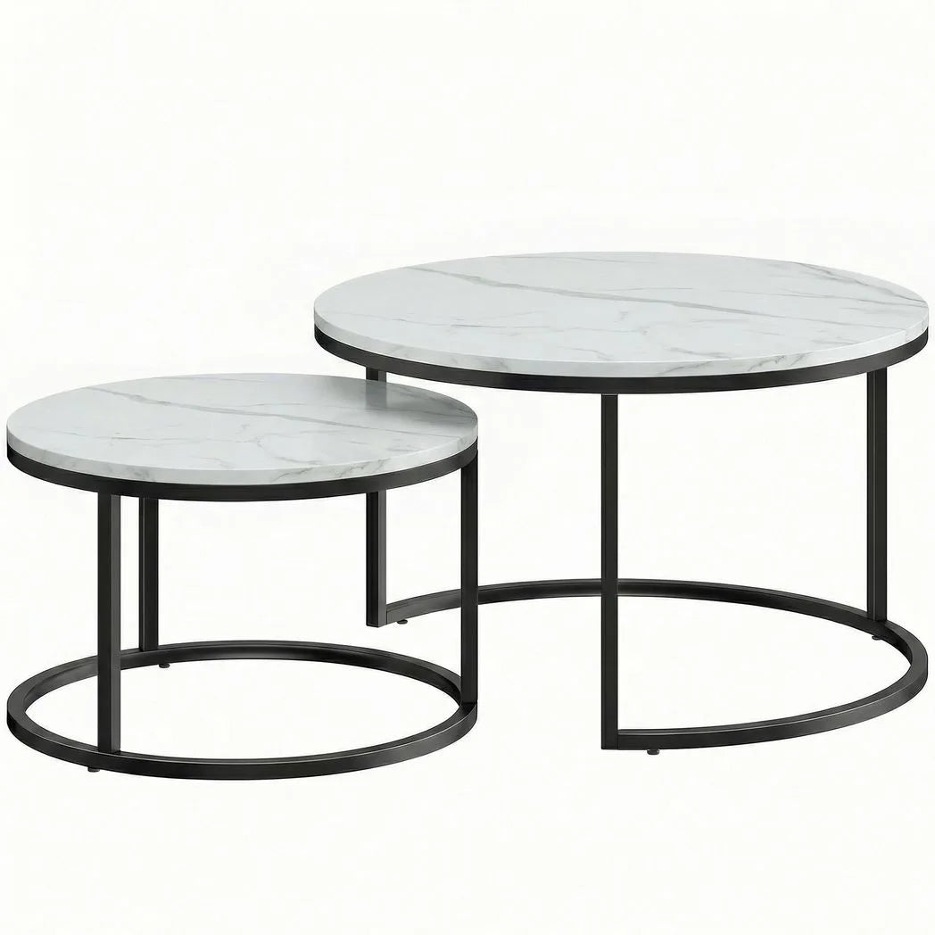 HOMCOM Set of 2 Round Nesting Coffee Tables with Marble-Effect Top – Space-Saving Stacking Tables, White