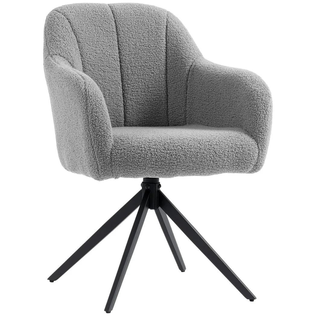 HOMCOM 360° Swivel Accent Chair with Teddy Fleece and Channel Tufting – Curved Armchair, Grey