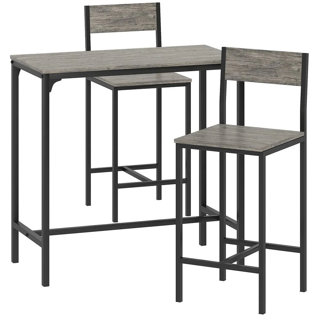 HOMCOM 3-Piece Industrial Bar Table Set with 2 Stools, Backrest and Footrest – Space-Saving, Charcoal Grey