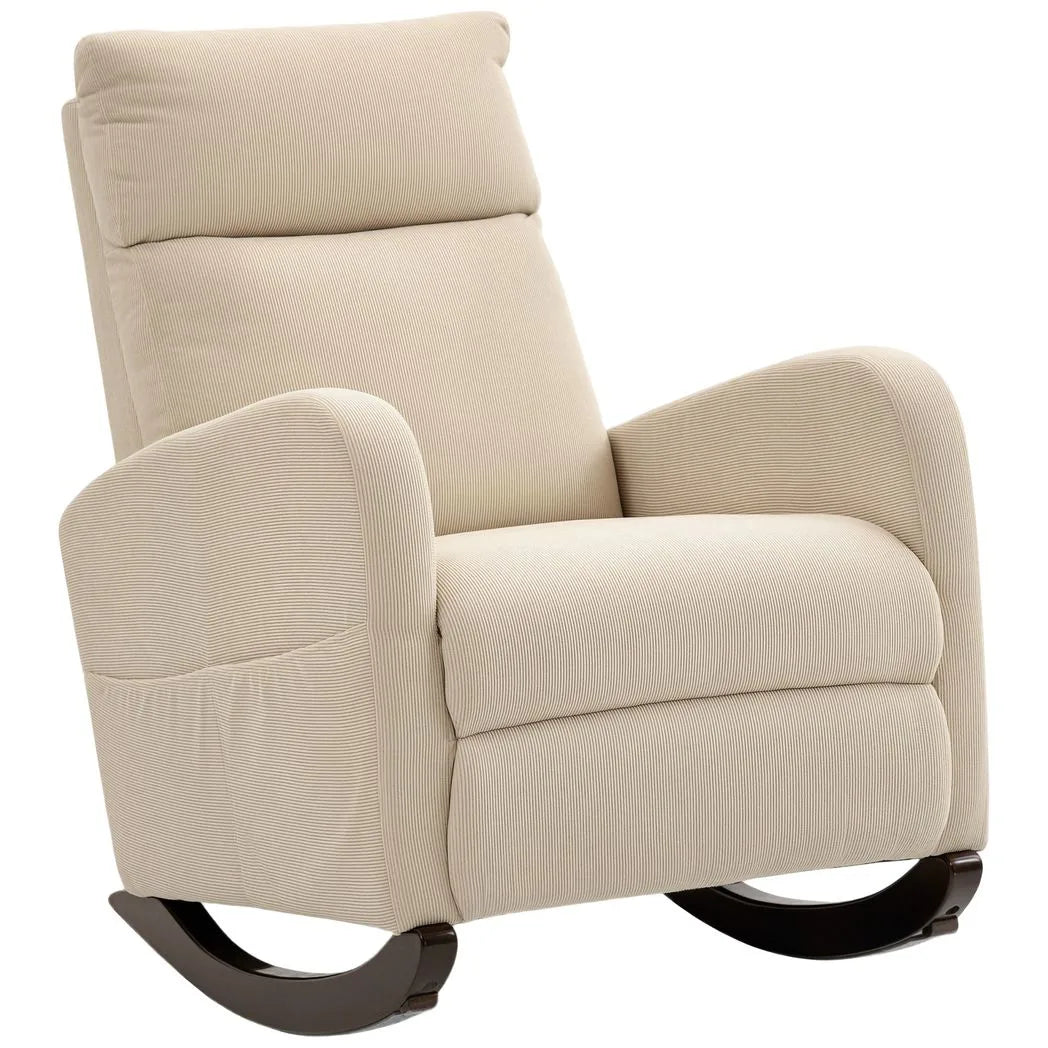 HOMCOM Corduroy Rocking Armchair with Thick Padding, Side Pockets and Rubberwood Feet – Lounge Chair, Beige