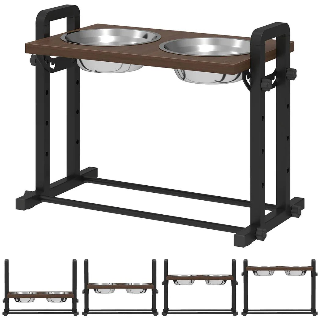 PawHut Raised Dog Bowls with Stand, 4 Adjustable Heights & 3 Angles, 2 x 1.2L Stainless Steel Feeder, Brown