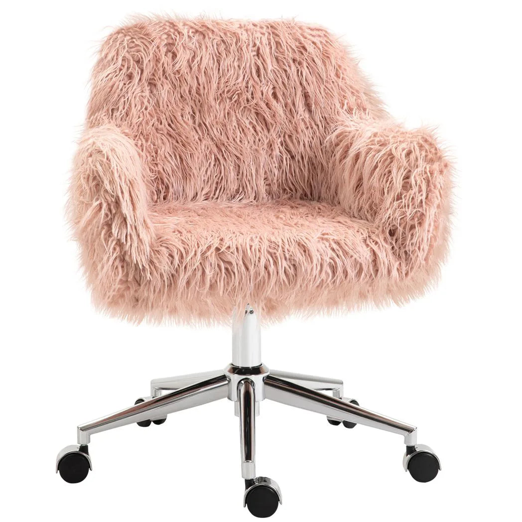 Vinsetto Faux Fur Swivel Desk Chair with Armrests, Adjustable Height – Makeup Chair for Bedroom, Pink