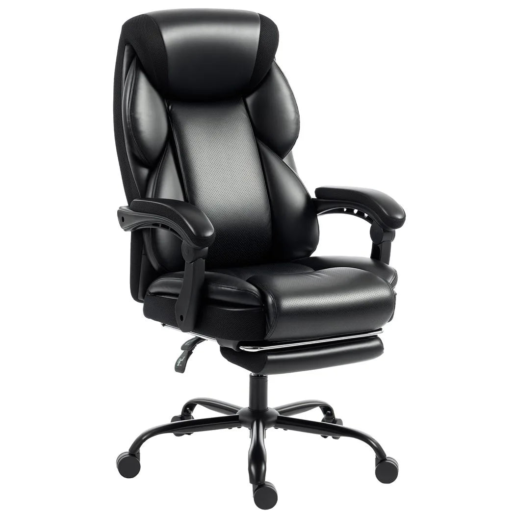 HOMCOM Reclining Office Chair with Footrest, Linkage Armrests and Casters – PU Leather Desk Chair, Black
