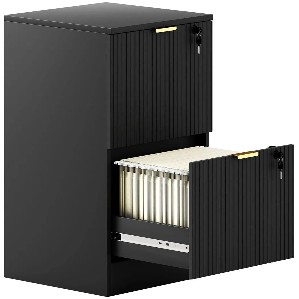 HOMCOM Fluted Vertical Filing Cabinet with 2 Lockable Drawers and Hanging Rails – Home Office Storage, Black