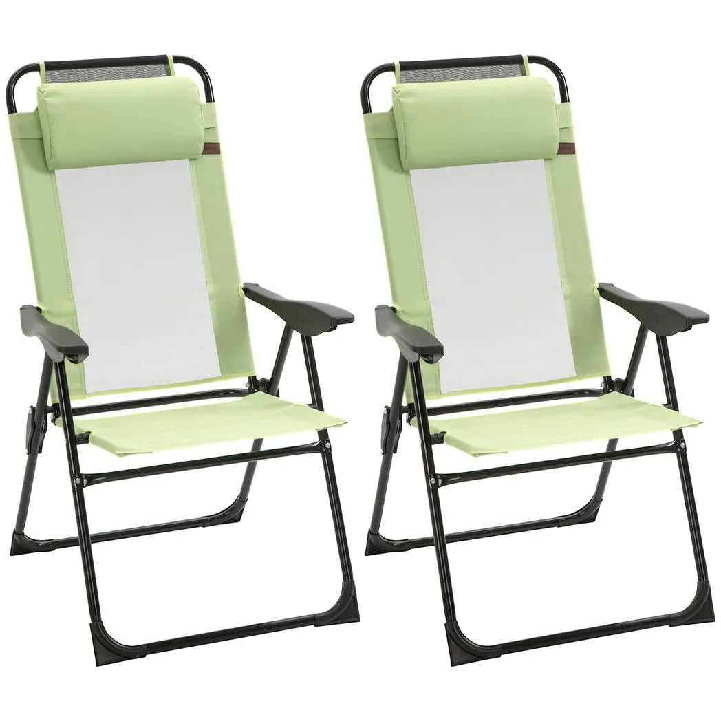 Outsunny Set of 2 Folding Garden Chairs with 5-Position Reclining High Back and Headrests – Texteline Seat