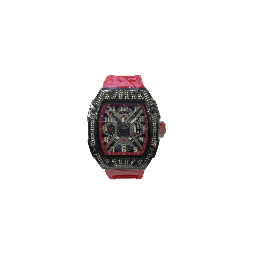 Longbo Gents Quartz Skeleton Watch with Clear Dial and Red Rubber Strap – Black Bling Fashion Wrist Watch