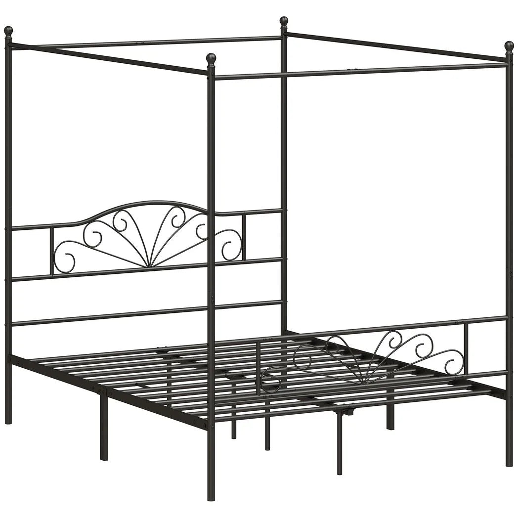 HOMCOM King Size Canopy Bed Frame with Headboard and Footboard – Metal Four-Poster Bed, Black