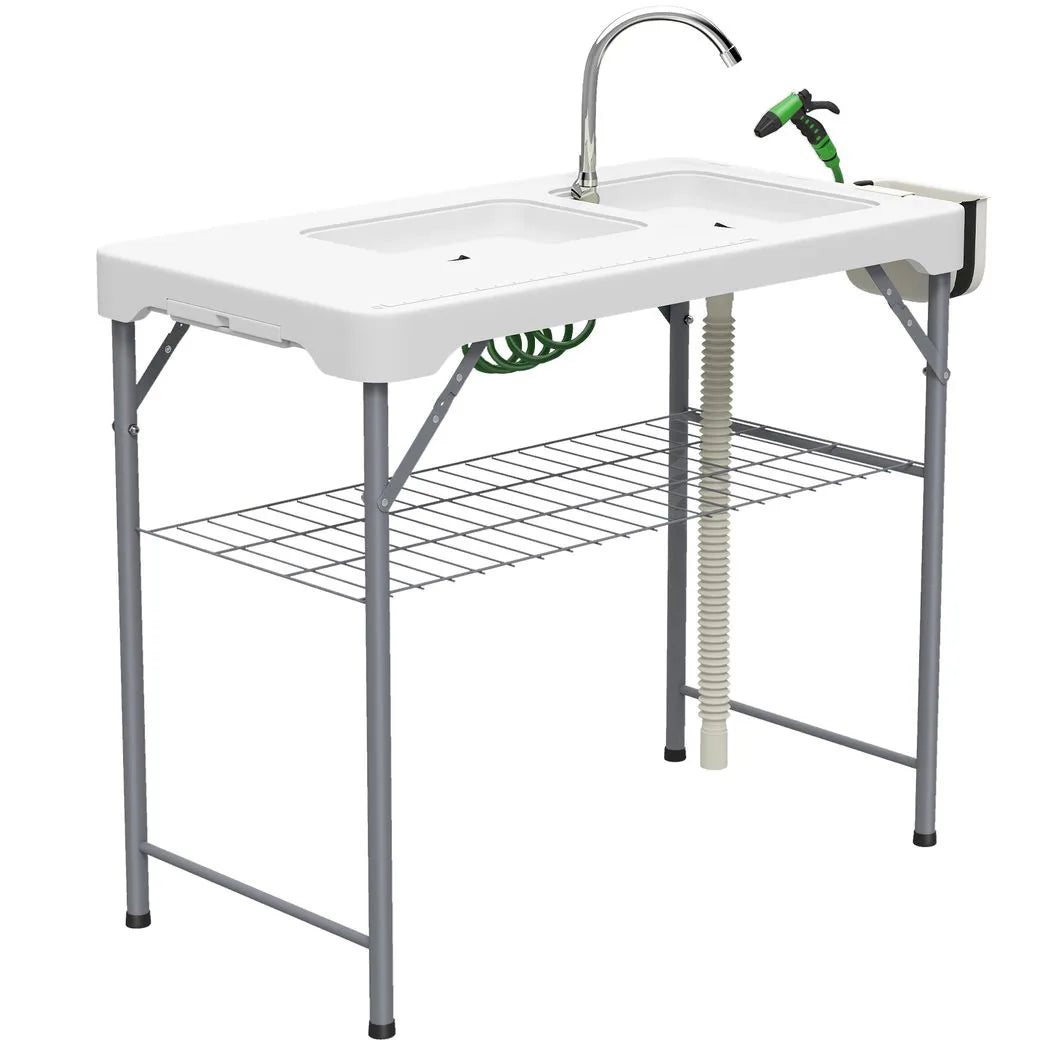 Outsunny Folding Fish Cleaning Table with Two Sinks, Faucet & Drainage Hoses – Portable Camping Sink Table