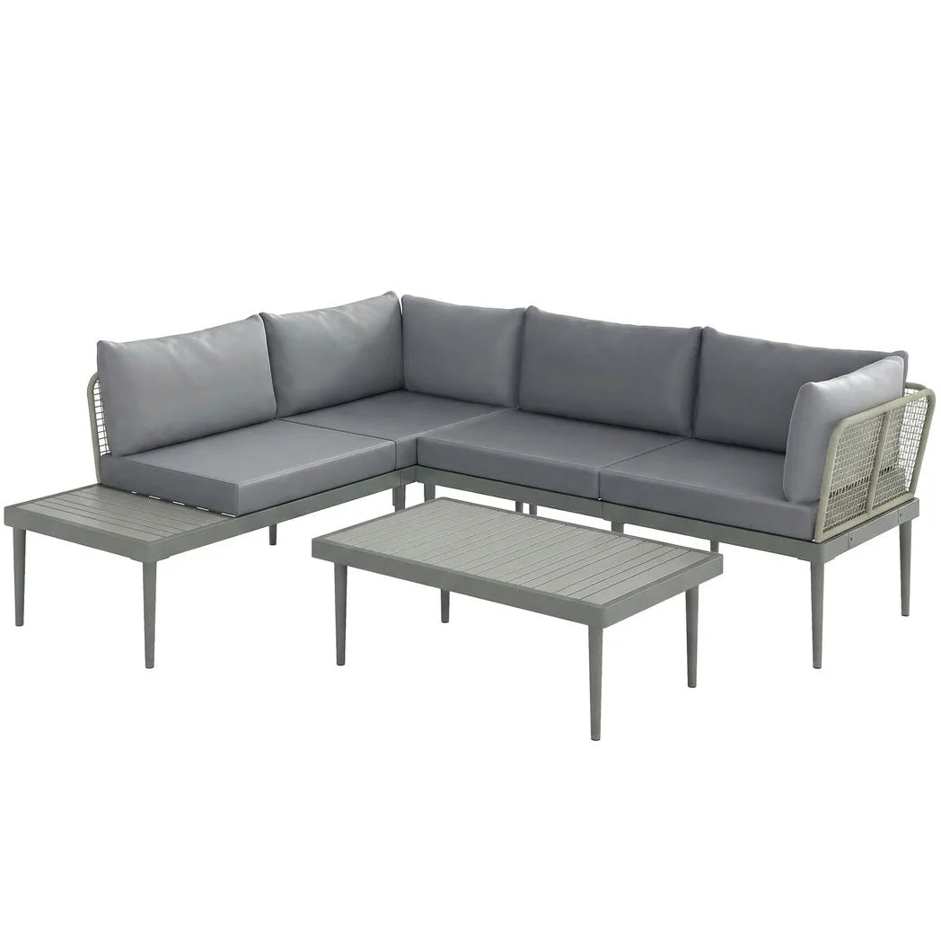 Outsunny Three-Piece L-Shaped Rattan Garden Sofa Set with Wood-Top Coffee Table and Thick Cushions – Grey