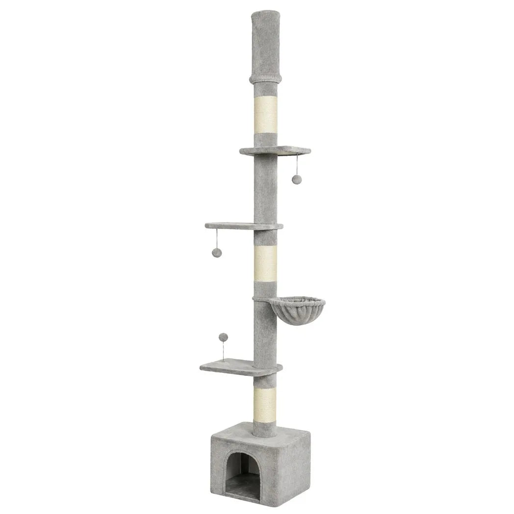 PawHut Floor to Ceiling Cat Tree, 230-250cm Adjustable Six-Level Cat Tower with Hammock, Condo & Sisal Posts