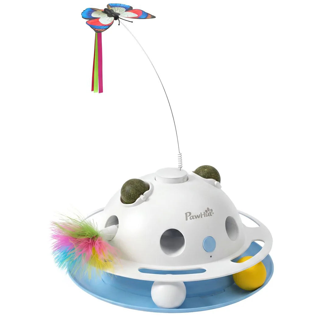 PawHut 4-in-1 Interactive Cat Toy with Spinning Butterfly, Shooting Feathers and Catnip Balls