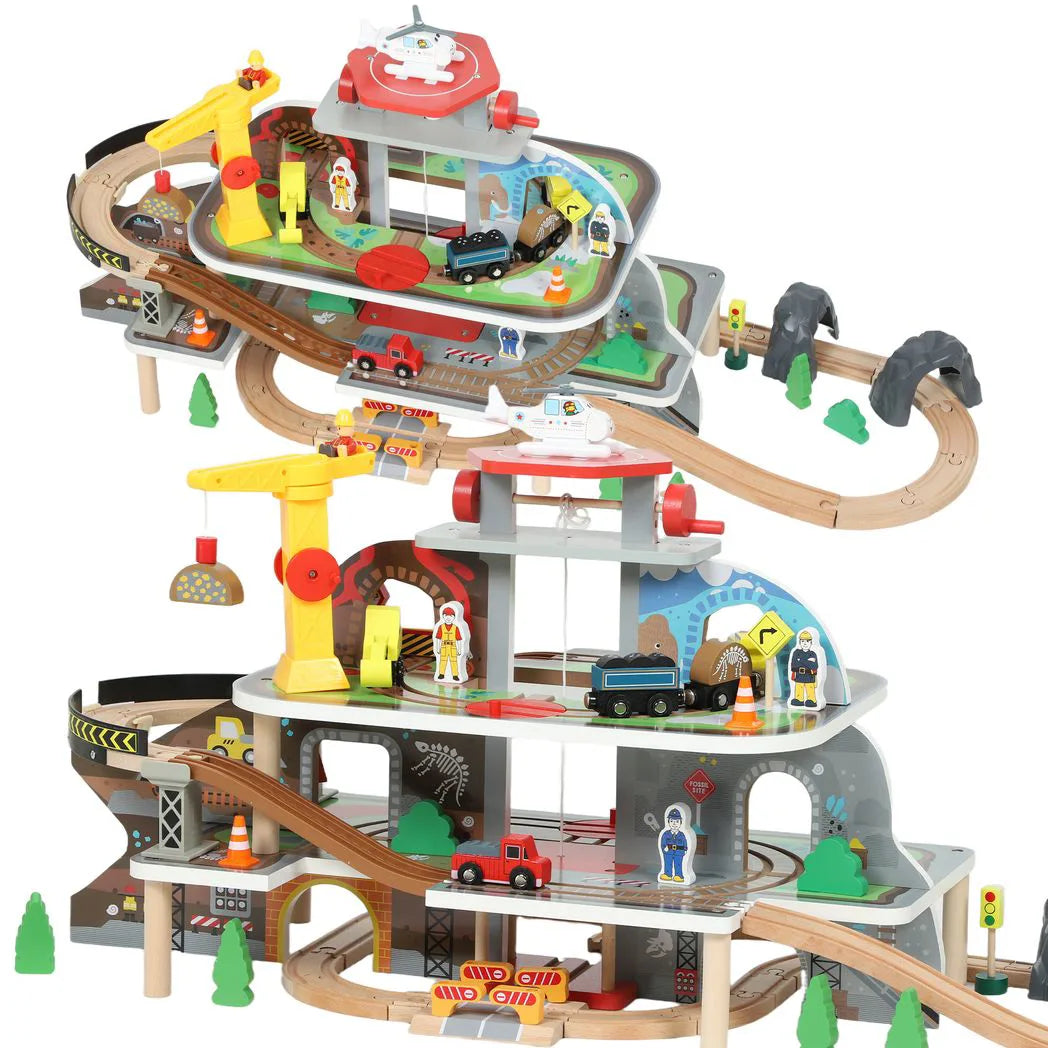 AIYAPLAY 79 Piece Wooden Train Set with Crane, Lift and Helipad – Mine-Themed Kids Train Track Toy