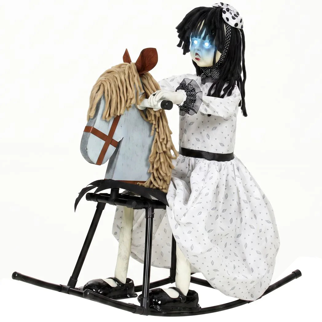 HOMCOM Animated Halloween Girl on Rocking Horse, 72cm Animatronic with Glowing Eyes and Sound/Touch Activation