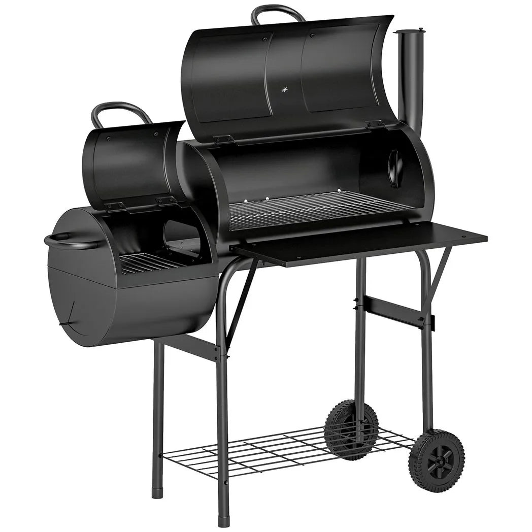 Outsunny Charcoal BBQ Grill with Offset Smoker, Thermometer Lid and Shelves – Garden Barbecue, Black