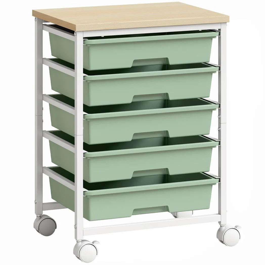 HOMCOM 6-Tier Storage Trolley on Wheels with 5 Pull-Out Drawers – Metal Kitchen Rolling Cart, Green