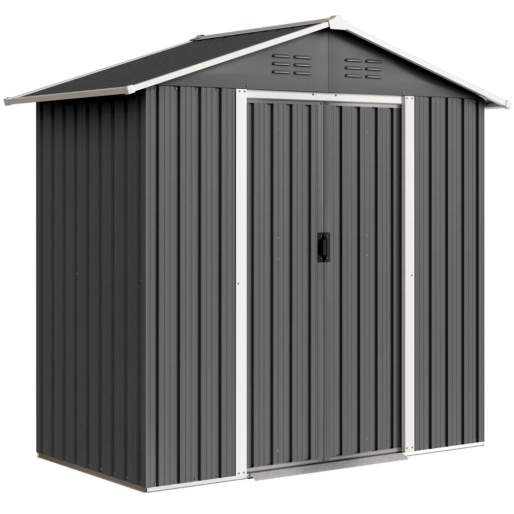 Outsunny 6.5 x 3.5ft Galvanised Metal Garden Shed with Double Doors and Vents, Dark Grey