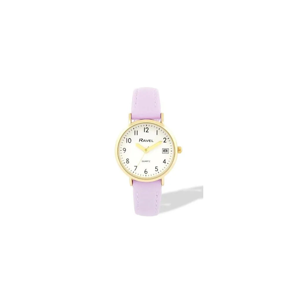 Ravel Ladies Gold-Tone Dated Watch with White Dial and Purple Faux Leather Strap