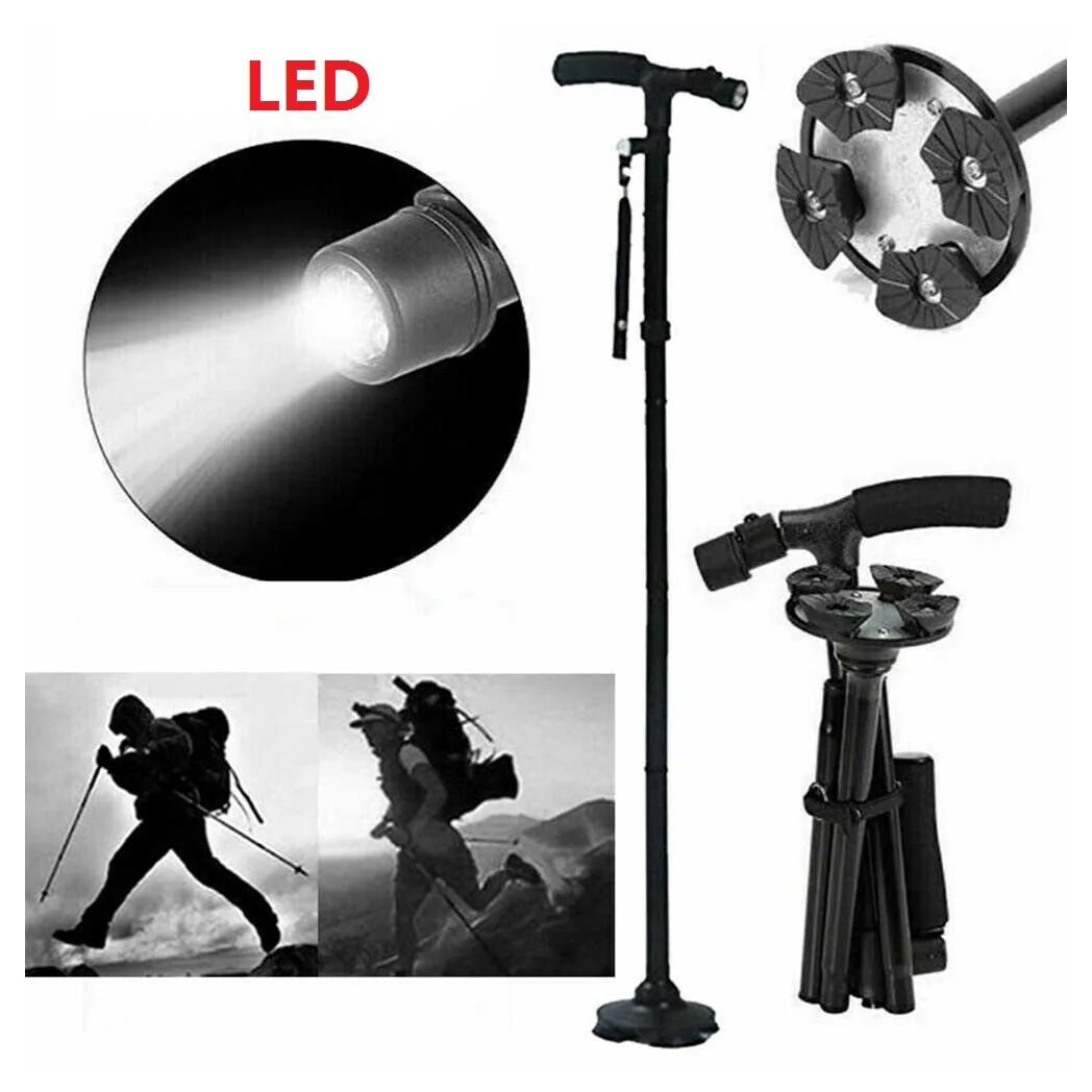 Folding Walking Stick with LED Light, 5 Adjustable Heights & Pivot Base – Hiking & Travel Cane, Black