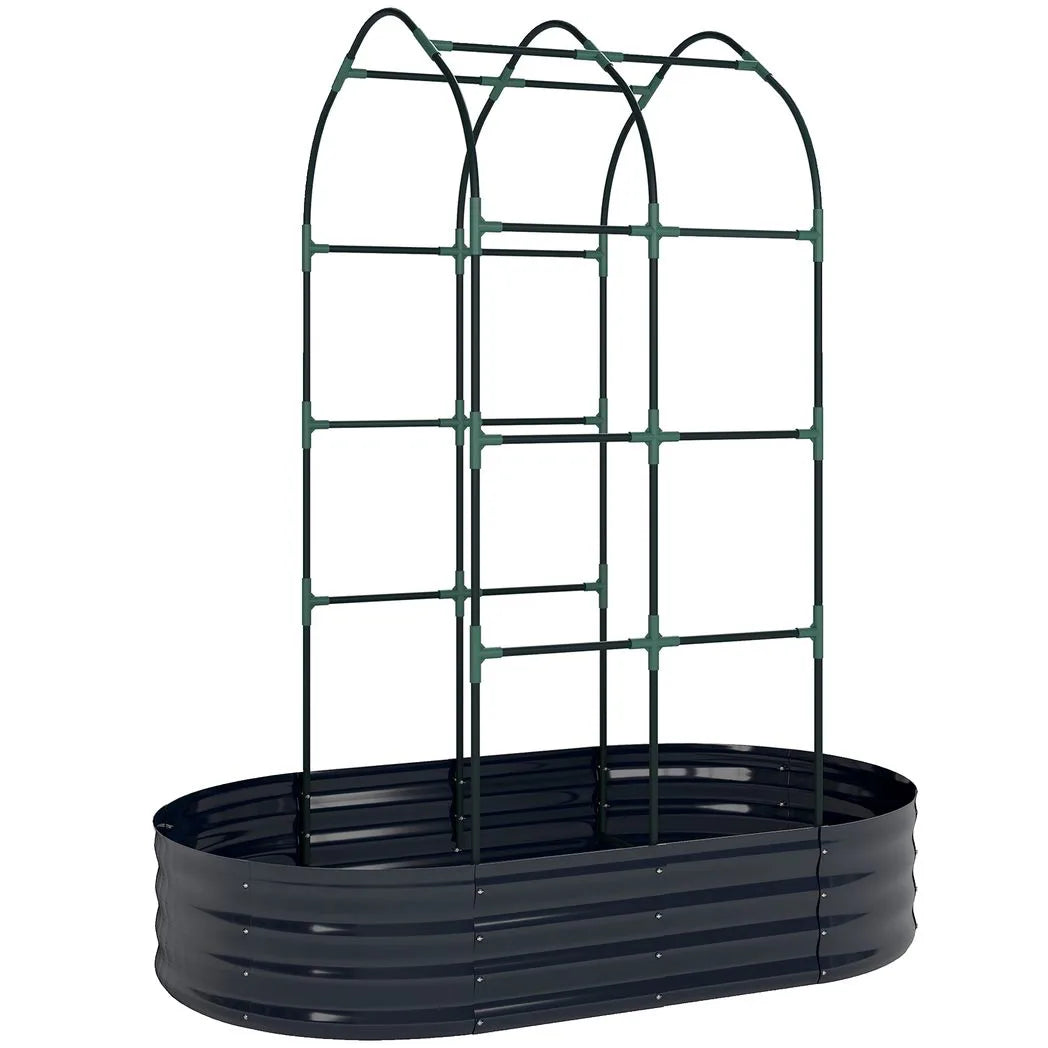 Outsunny Galvanised Metal Raised Garden Bed with Arched Trellis – 5 x 3 x 6ft, 425L, Open Bottom, Dark Grey